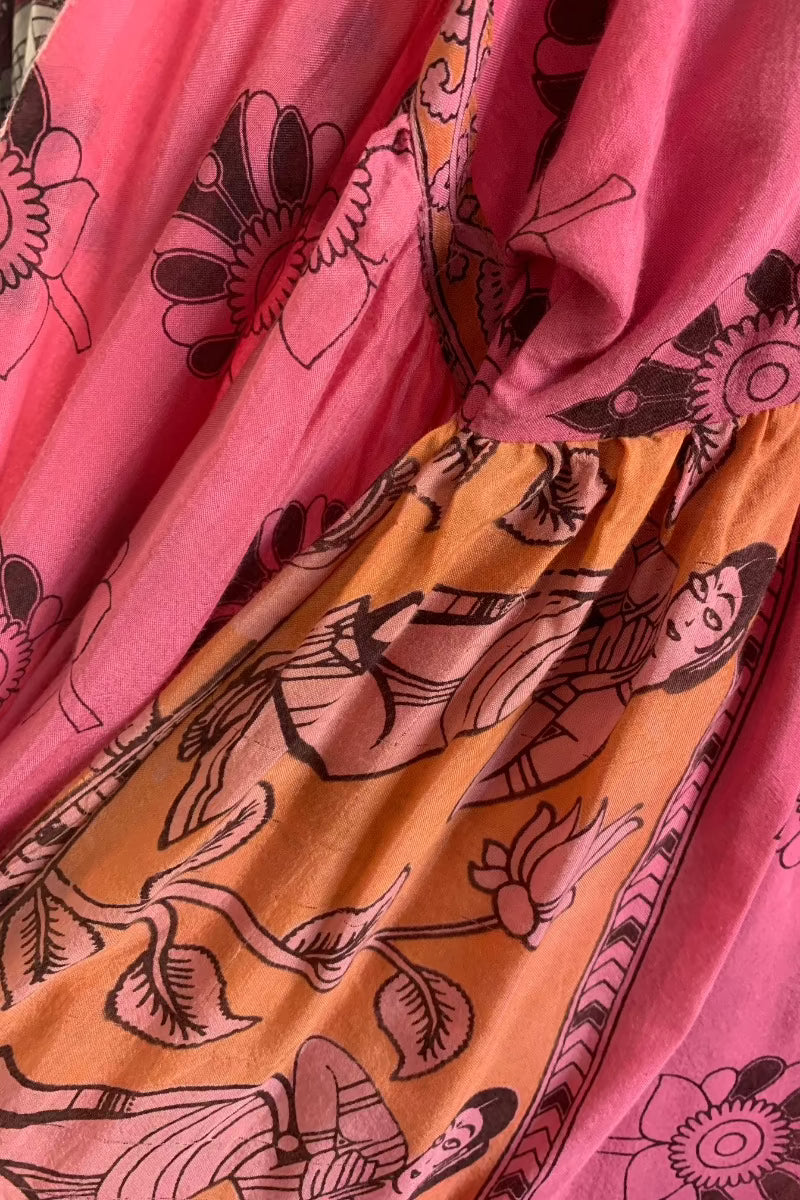 Daisy Boho Top - Radiant Pink & Peach Floral Dancers - Vintage Indian Cotton - Size S/M
