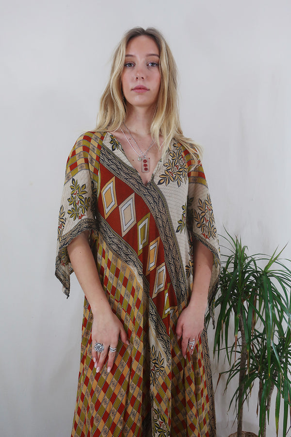 Goddess Dress - Terracotta Tan & Chartreuse - Vintage Cotton - Free Size by All About Audrey