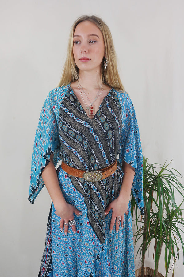 Goddess Dress - Turquoise & Onyx Ikat - Vintage Cotton - Free Size by All About Audrey