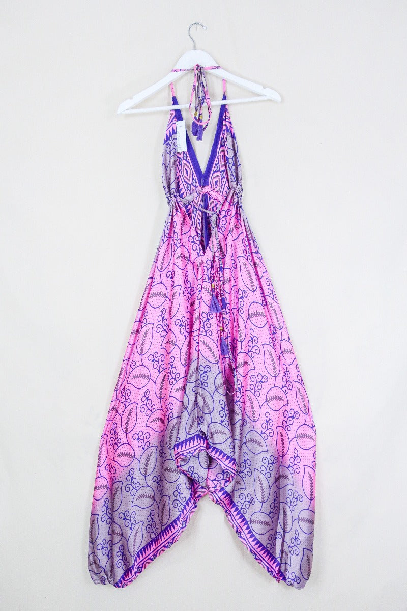 Medusa Harem Jumpsuit - Vintage Sari - Barbie Pink & Purple Vines - M/L