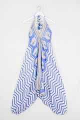 Medusa Harem Jumpsuit - Vintage Sari - Cornflower Blue Peacock Chevron - M/L