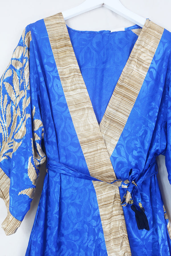 Aquaria Robe Dress - Sapphire Blue Vine Jacquard - Vintage Sari - Free Size S By All About Audrey