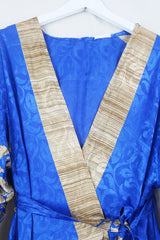 Aquaria Robe Dress - Sapphire Blue Vine Jacquard - Vintage Sari - Free Size S
