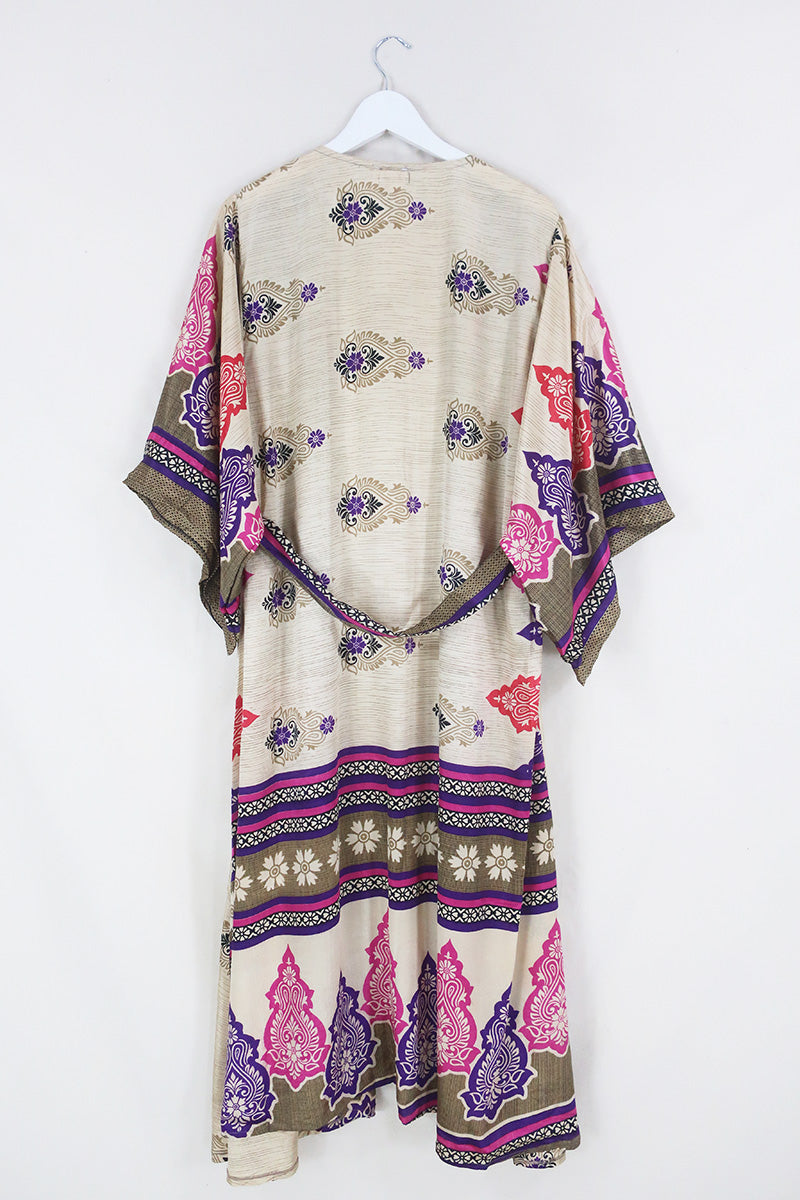 Aquaria Robe Dress - Mulberry Wine & Ecru Floral - Vintage Sari - Free Size L/XL by All About Audrey