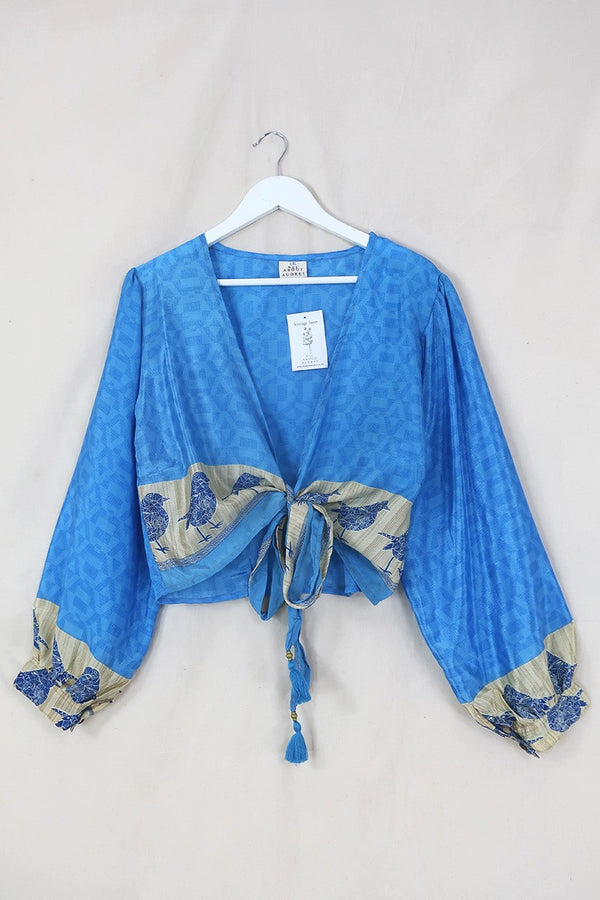 Lola Wrap Top - Mosaic Blue Birds - Size L/XL By All About Audrey