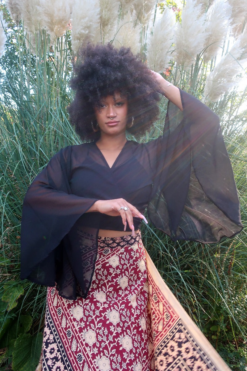 Virgo Sheer Bell Sleeve Wrap Top Obsidian Black All About