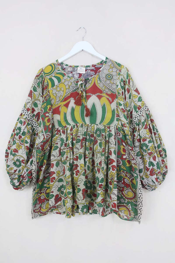 Daisy Boho Top - Garden Green Peacock Print - Vintage Indian Cotton - Size XXL by All About Audrey
