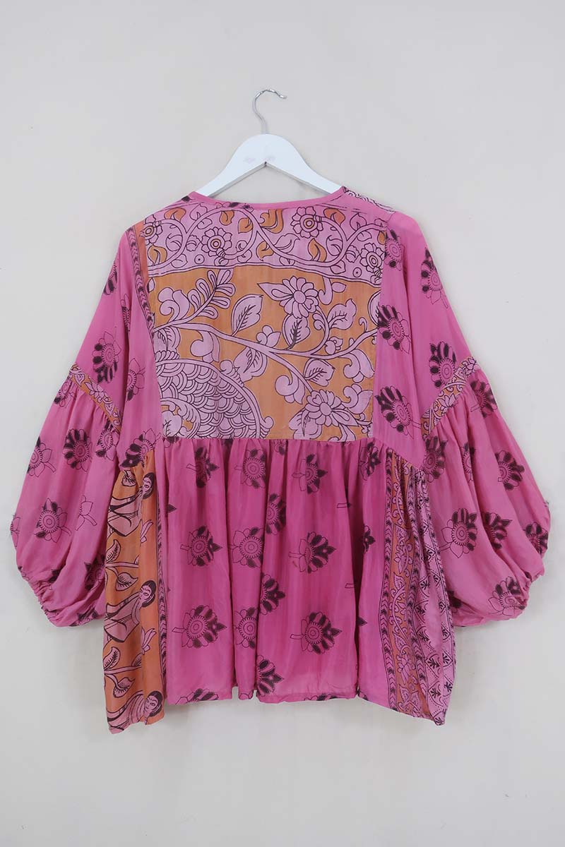 Daisy Boho Top - Radiant Pink & Peach Floral Dancers - Vintage Indian Cotton - Size S/M By All About Audrey