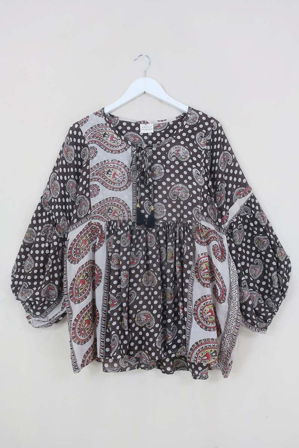 SALE | Daisy Boho Top - Deep Taupe Polka Dot Paisley - Vintage Indian Cotton - Size M/L by All About Audrey