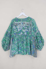 Daisy Boho Top - Gemstone Green & Sky Flowers - Vintage Indian Cotton - Size S/M By All About Audrey