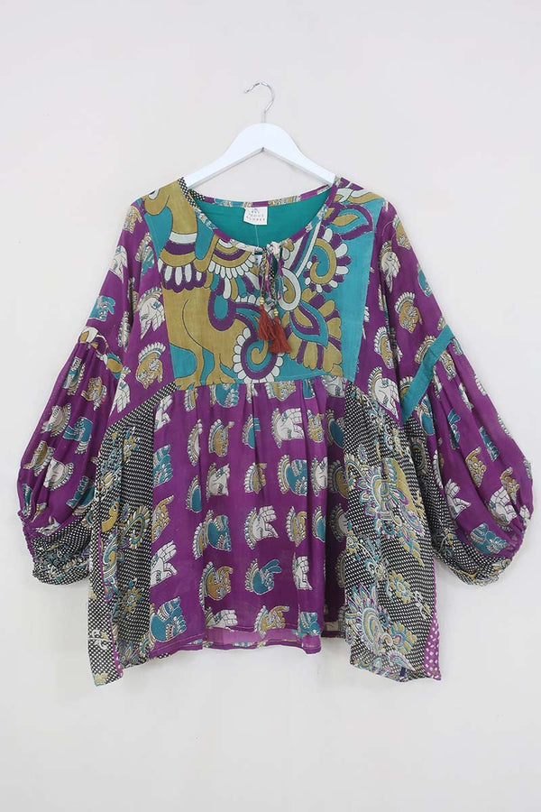 Daisy Boho Top - Violet, Teal & Mustard Hand Motif - Vintage Indian Cotton - Size L/XL by All About Audrey