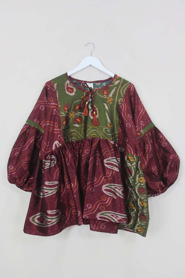 Daisy Boho Top - Maroon & Emerald Iridescent Ikat - Vintage Indian Cotton - Size L/XL by All About Audrey