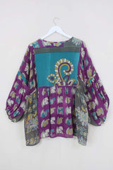 Daisy Boho Top - Violet, Teal & Mustard Hand Motif - Vintage Indian Cotton - Size L/XL by All About Audrey