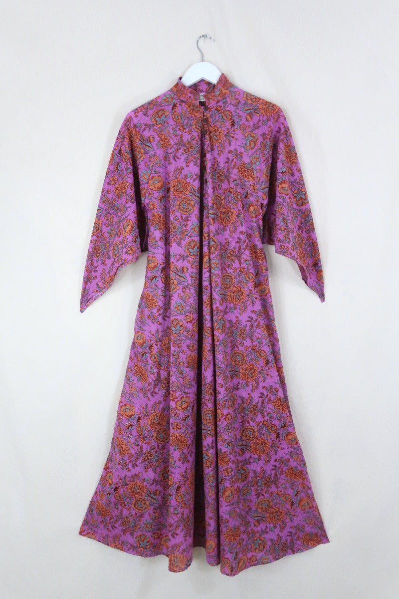 block print indian kaftan midi bohemian hippie cotton apollo dress 70s boho floral print sparkly adini style angel sleeve in pink violet by all about audrey