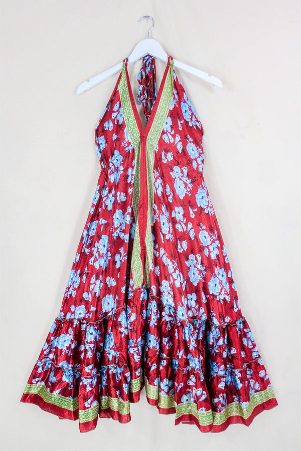Blossom Midi Halter Dress - Cherry Red & Sky Blue Roses - Free Size XXL By All About Audrey