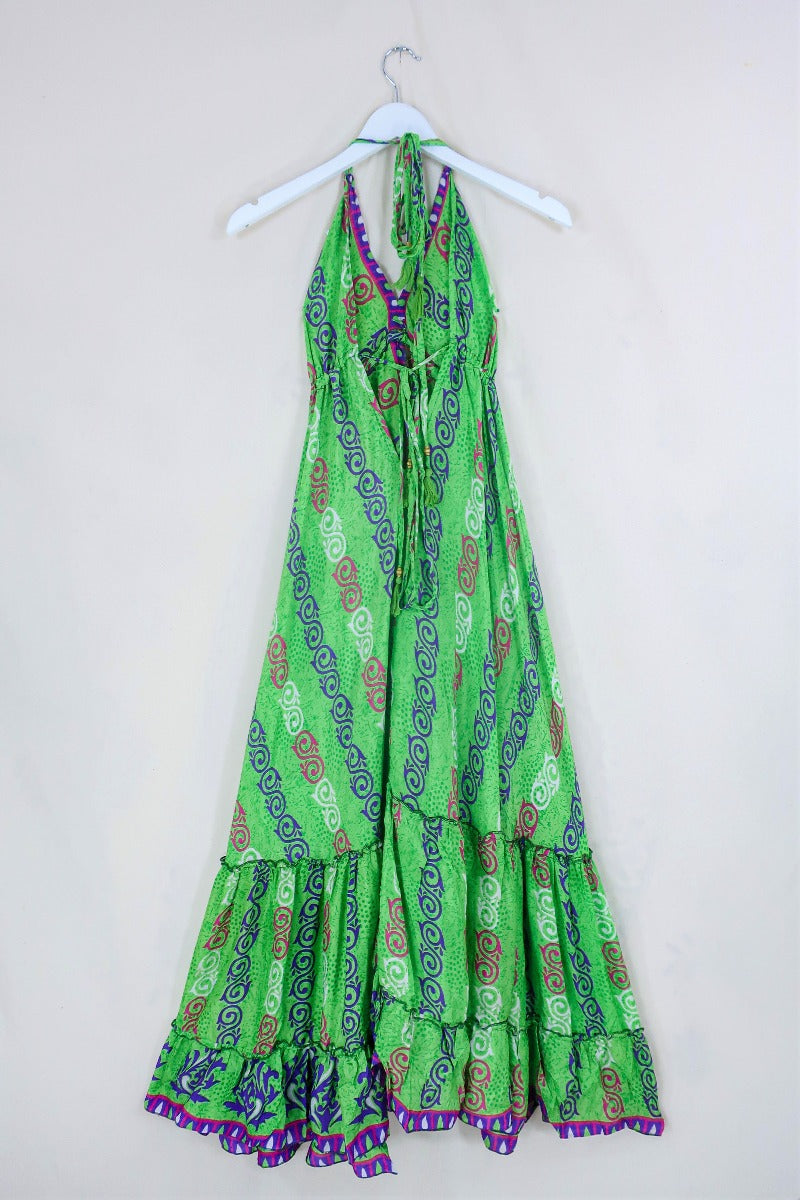 Blossom Halter-Neck Maxi Dress - Parakeet Green & Purple Swirls - Free Size S/M
