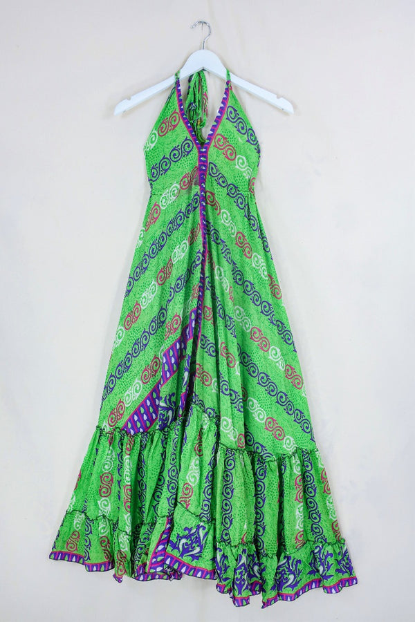 Blossom Halter-Neck Maxi Dress - Parakeet Green & Purple Swirls - Free Size S/M By All About Audrey