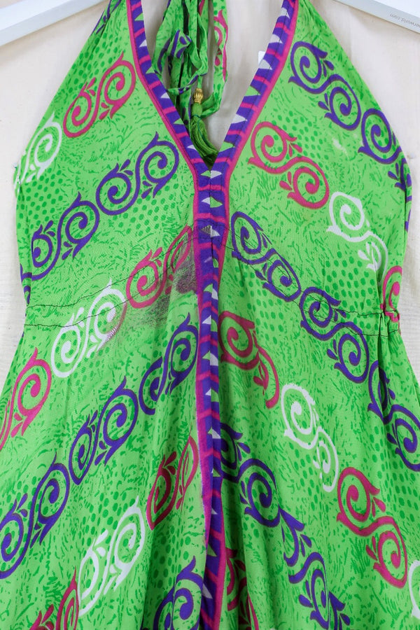 Blossom Halter-Neck Maxi Dress - Parakeet Green & Purple Swirls - Free Size S/M By All About Audrey