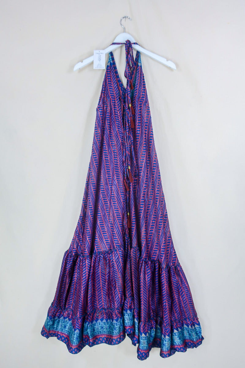 Blossom Halter-Neck Maxi Dress - Red Clay & Indigo Tiles - Free Size XS-S/M By All About Audrey