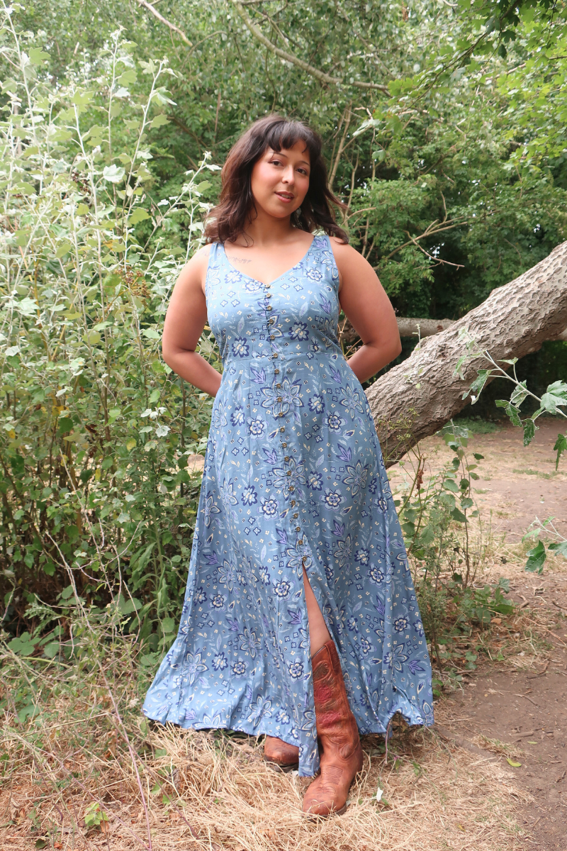 daytime maxi dresses Amalie Ballerina Daytime Maxi Gown in Blue & White Capri Floral Crepe