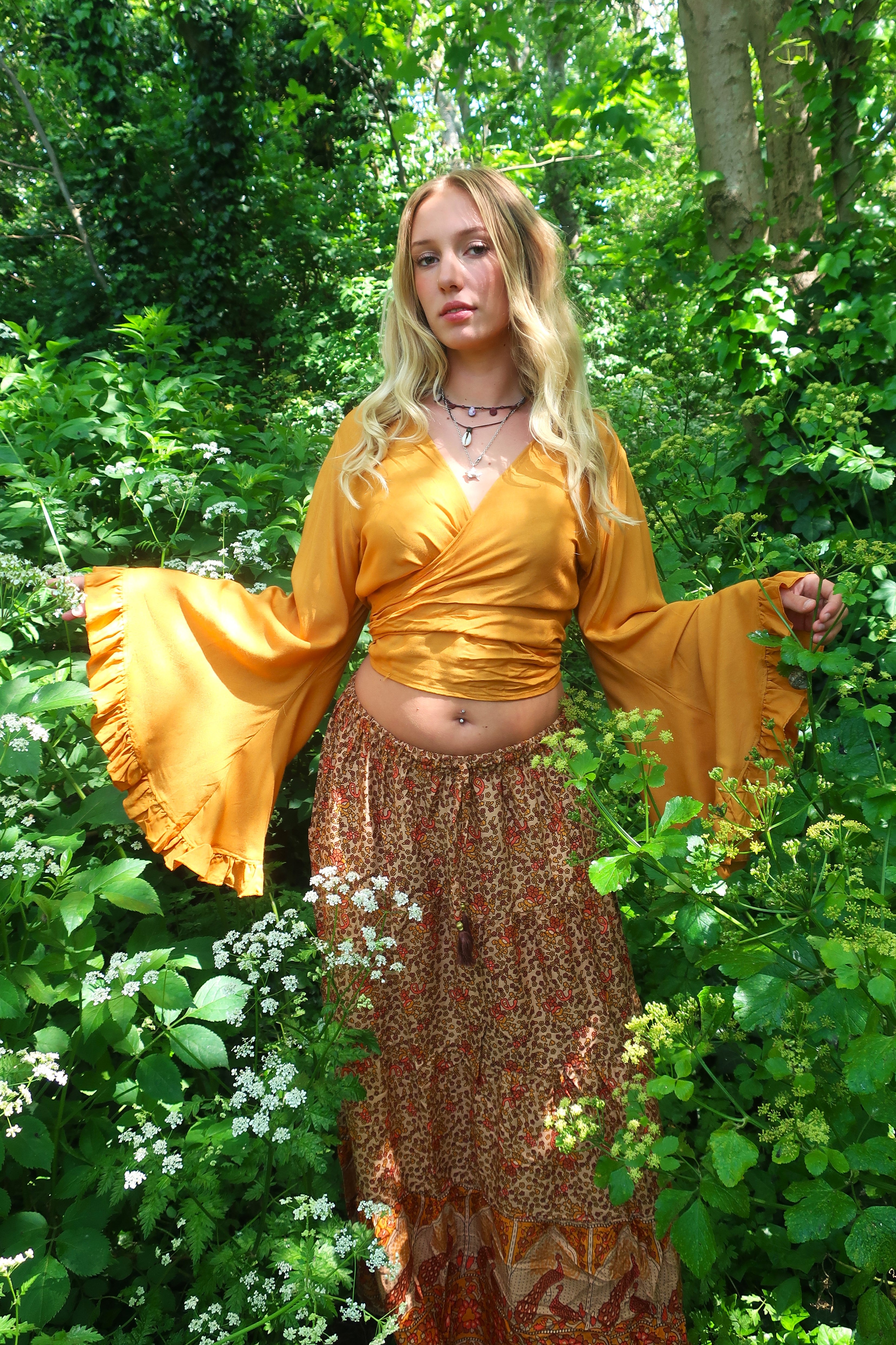 Frill Bell Sleeve Venus Wrap Top | Mustard Yellow | All About