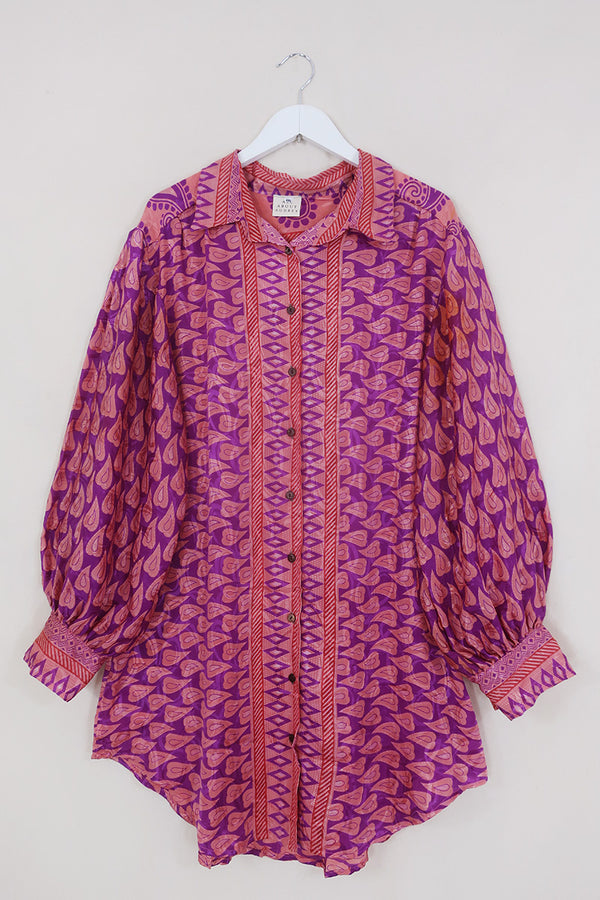 Bonnie Shirt Dress - Glittered Pink Cherry Hearts - Vintage Indian Sari - Size XXL
