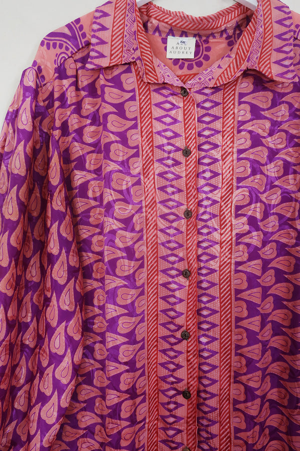 Bonnie Shirt Dress - Glittered Pink Cherry Hearts - Vintage Indian Sari - Size XXL