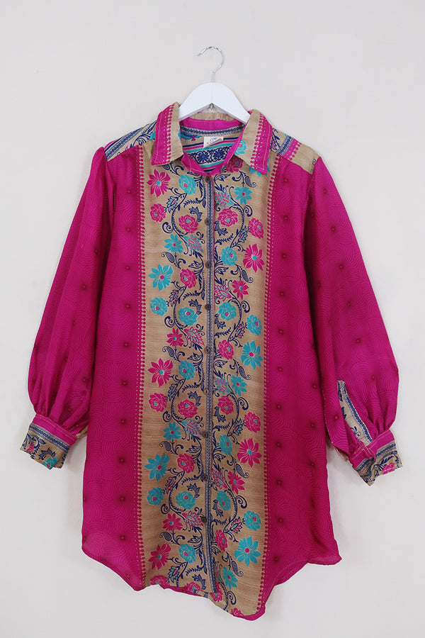 Bonnie Shirt Dress - Deep Rouge Climbing Flowers - Vintage Indian Sari - Size L/XL