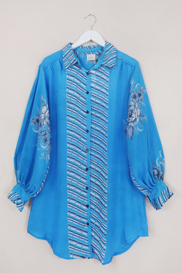 Bonnie Shirt Dress - Sky Blue & Slate Bouquets - Vintage Indian Sari - Size L/XL By All About Audrey
