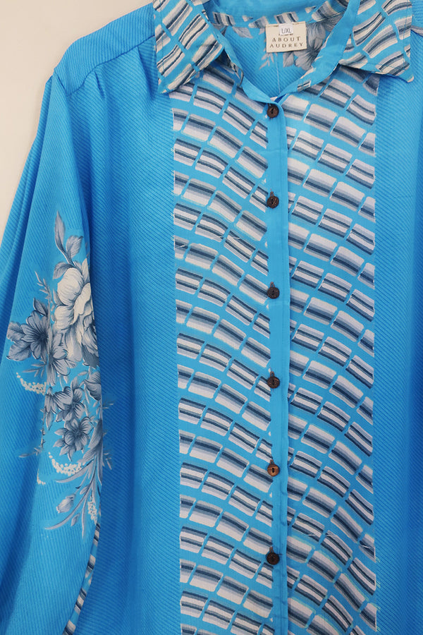 Bonnie Shirt Dress - Sky Blue & Slate Bouquets - Vintage Indian Sari - Size L/XL By All About Audrey