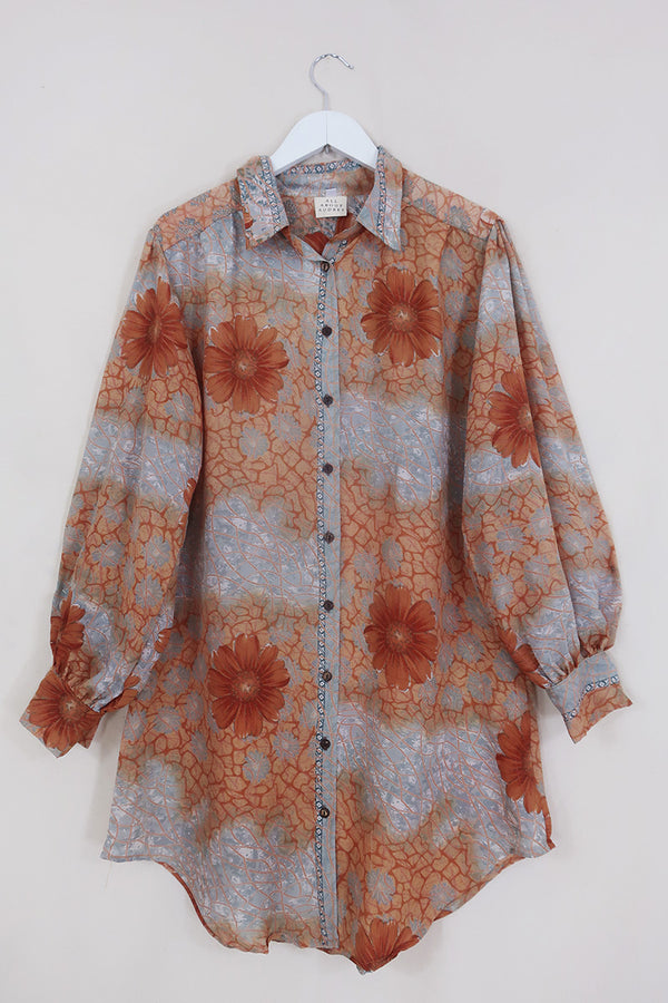 Bonnie Shirt Dress - Burnt Sienna & Stone Bloom - Vintage Indian Sari - Size L/XL By All About Audrey