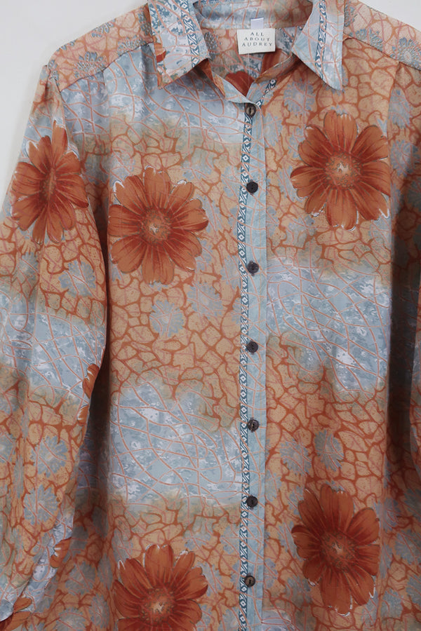 Bonnie Shirt Dress - Burnt Sienna & Stone Bloom - Vintage Indian Sari - Size L/XL By All About Audrey