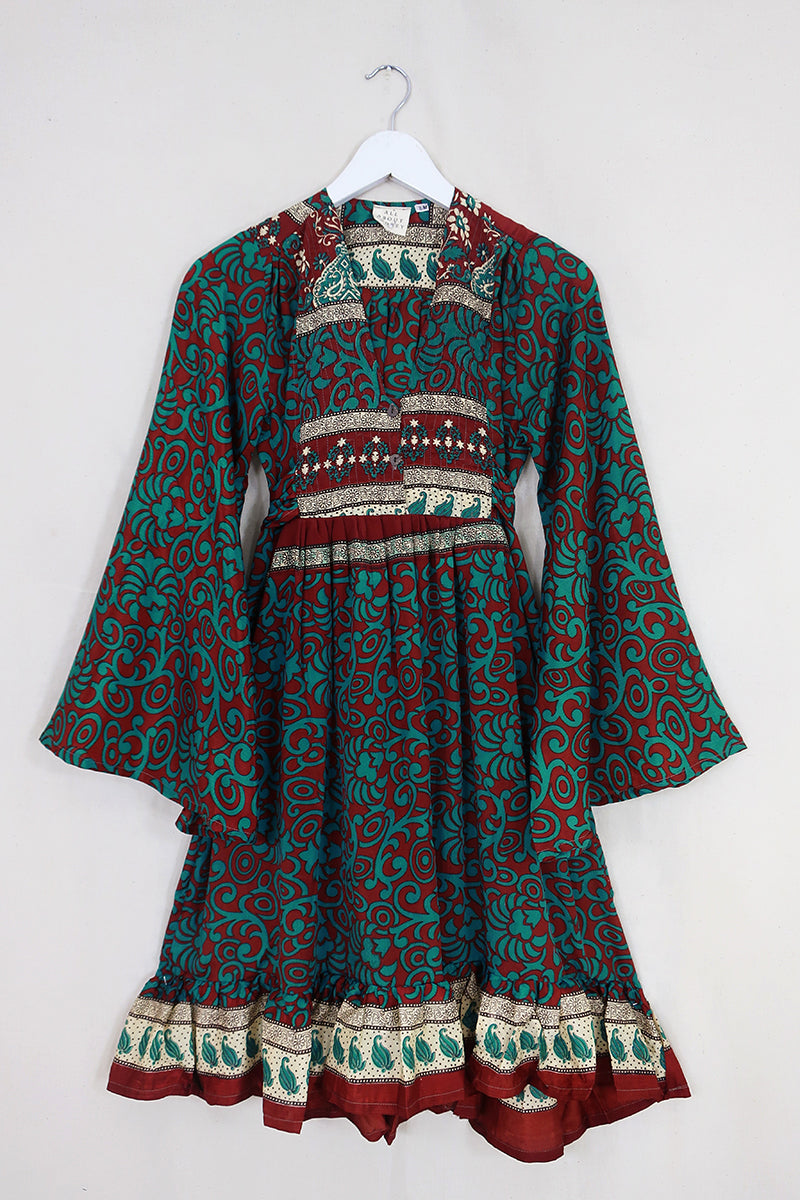 Boho Mini Dress | Burnt Sienna & Blue Thistles | XS | All About Audrey   All About Audrey Vintage Boutique