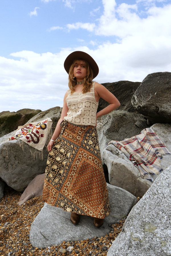 Emmylou Patchwork Wrap Skirt in Camel Brown & Black By All About Audrey