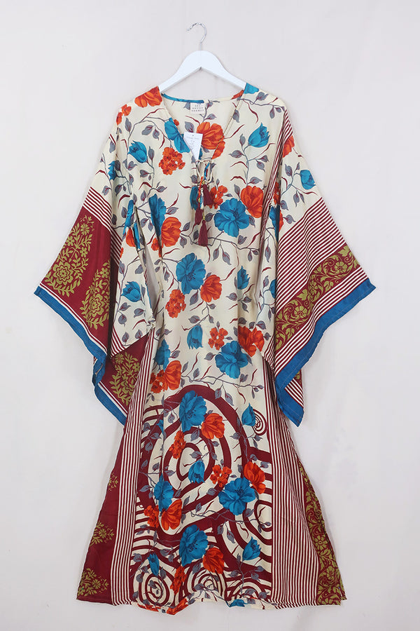Cassandra Maxi Kaftan - Buttercream & Merlot Bold Floral - Vintage Sari - Size S/M by All About Audrey