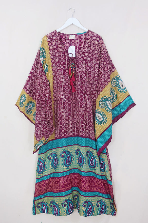 Cassandra Maxi Kaftan - Sangria Sand & Jade - Vintage Sari - Size M/L by All About Audrey
