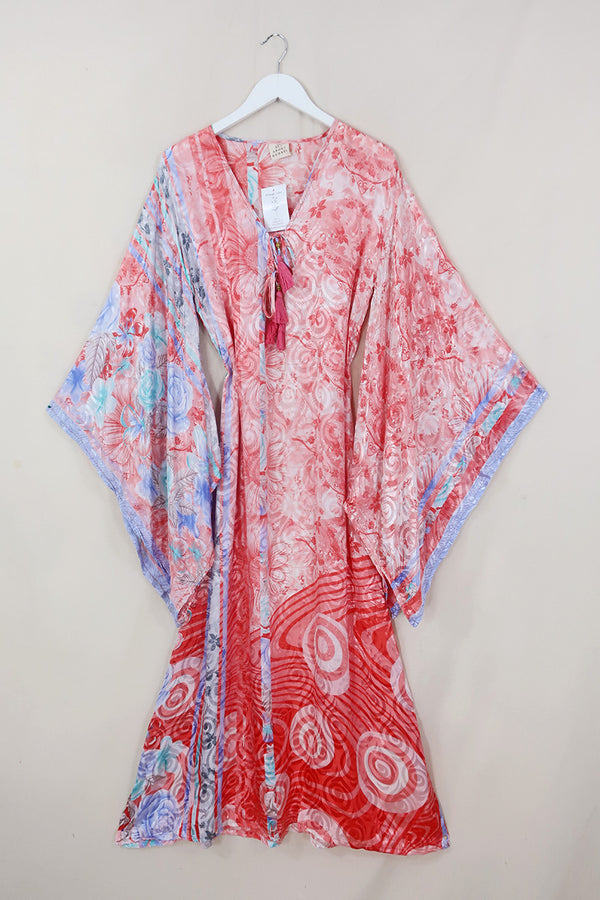 Cassandra Maxi Kaftan - Coral Pink Botanical - Vintage Sari - Size S/M by All About Audrey