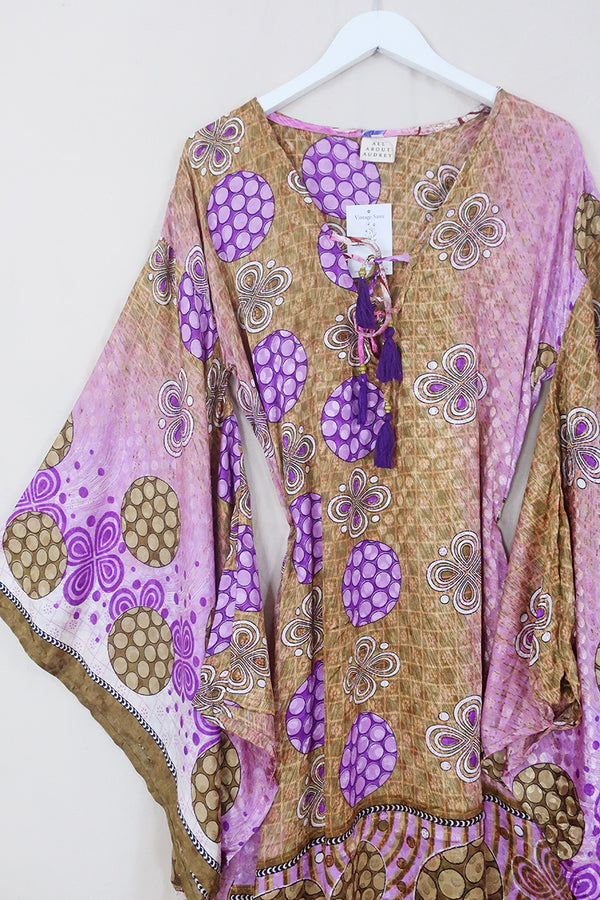 Cassandra Maxi Kaftan - Olive & Orchid Retro Floral - Vintage Sari - Size M/L by All About Audrey