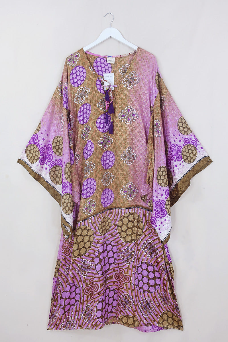Cassandra Maxi Kaftan - Olive & Orchid Retro Floral - Vintage Sari - Size M/L by All About Audrey