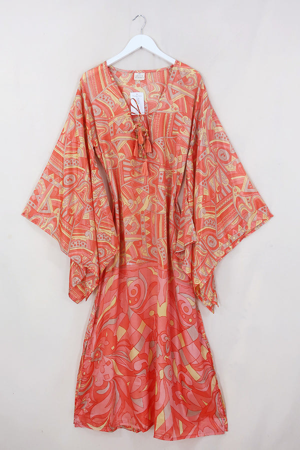 Cassandra Maxi Kaftan - Coral Psychedelia - Vintage Sari - Size M/L by All About Audrey