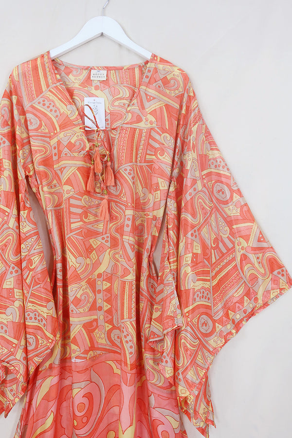 Cassandra Maxi Kaftan - Coral Psychedelia - Vintage Sari - Size M/L by All About Audrey