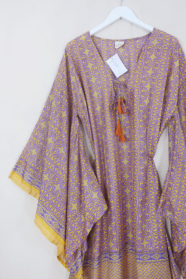 Cassandra Maxi Kaftan - Marigold & Mauve Indian Motif - Vintage Sari - Size L/XL by All About Audrey