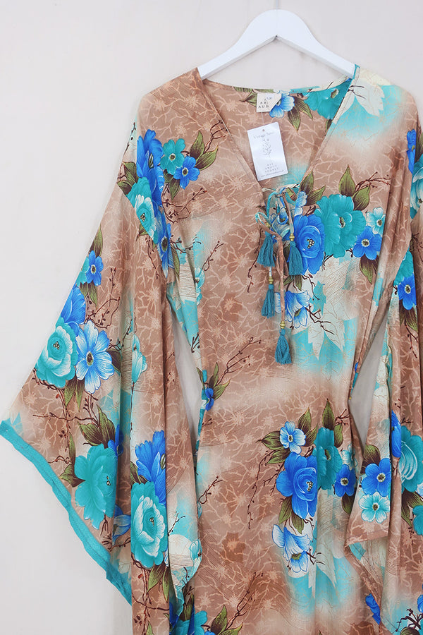 Cassandra Maxi Kaftan - Rosewood & Teal Floral - Vintage Sari - Size L/XL by All About Audrey