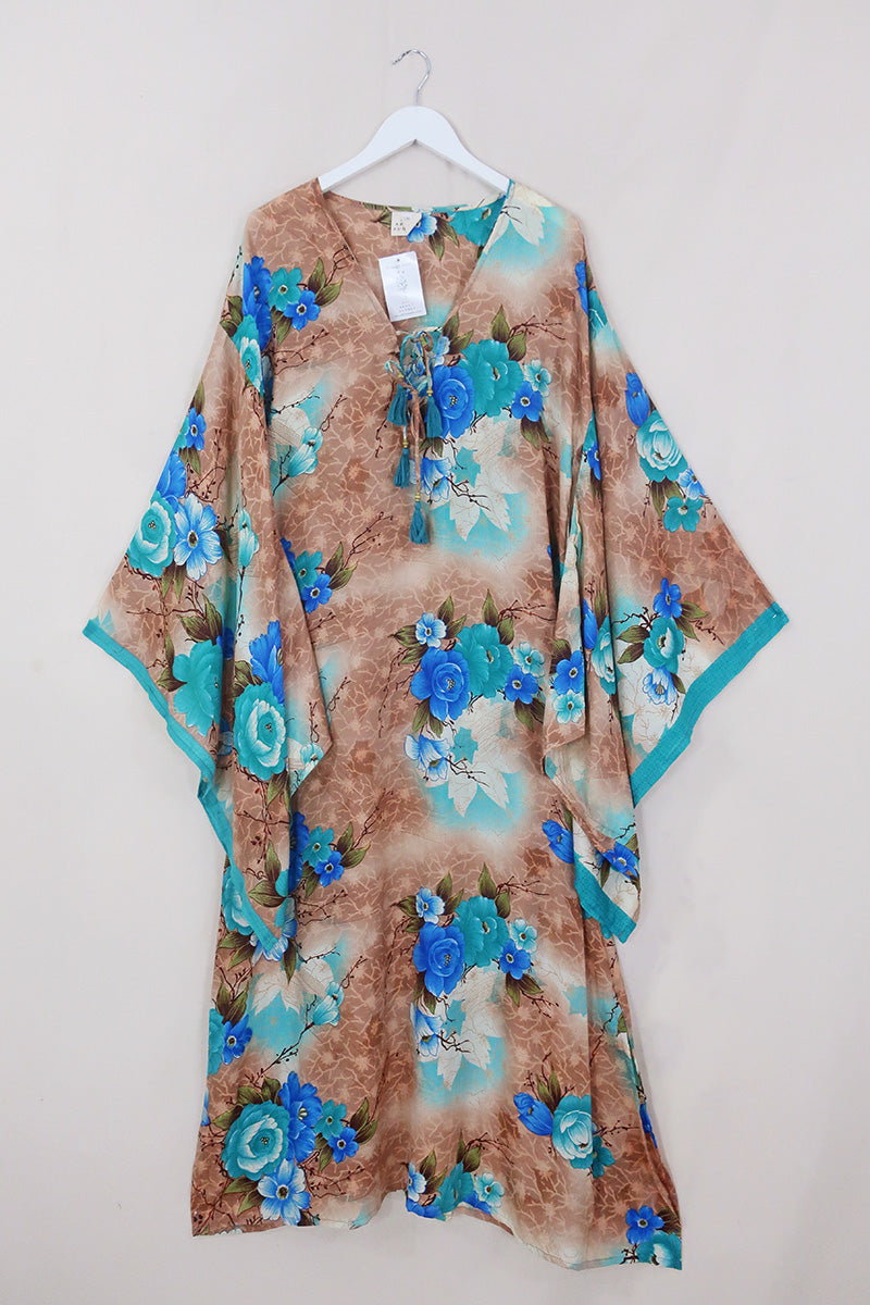 Cassandra Maxi Kaftan - Rosewood & Teal Floral - Vintage Sari - Size L/XL by All About Audrey