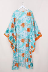 Cassandra Maxi Kaftan - Iced Blue & Orange Floral - Vintage Sari - Size L/XL by All About Audrey
