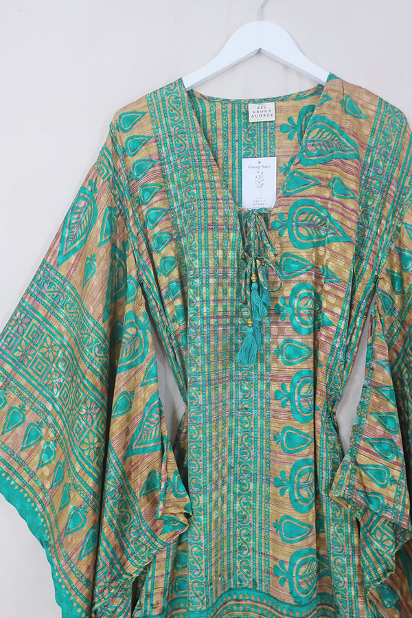 Cassandra Maxi Kaftan - Jade & Sandstone Leaf Motif - Vintage Sari - Size S/M by All About Audrey