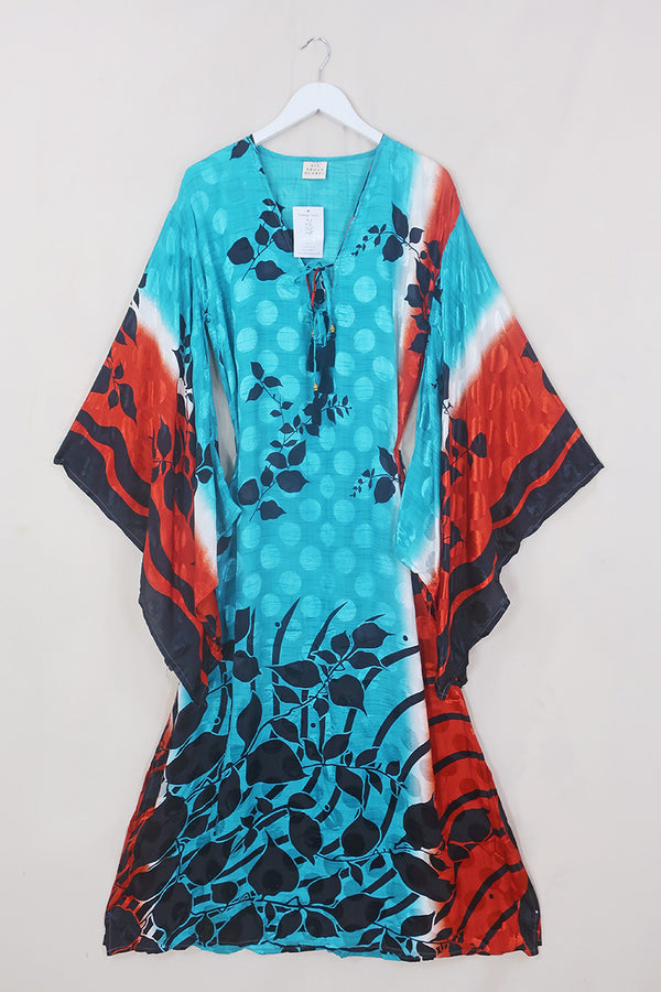 Cassandra Maxi Kaftan - Sea & Sunset Foliage - Vintage Sari - Size S/M by All About Audrey