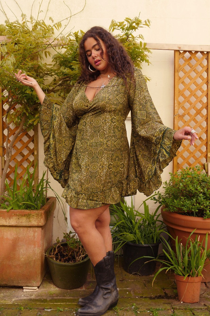 Venus Mini Wrap Dress in Coltrane Green Mandala by All About Audrey