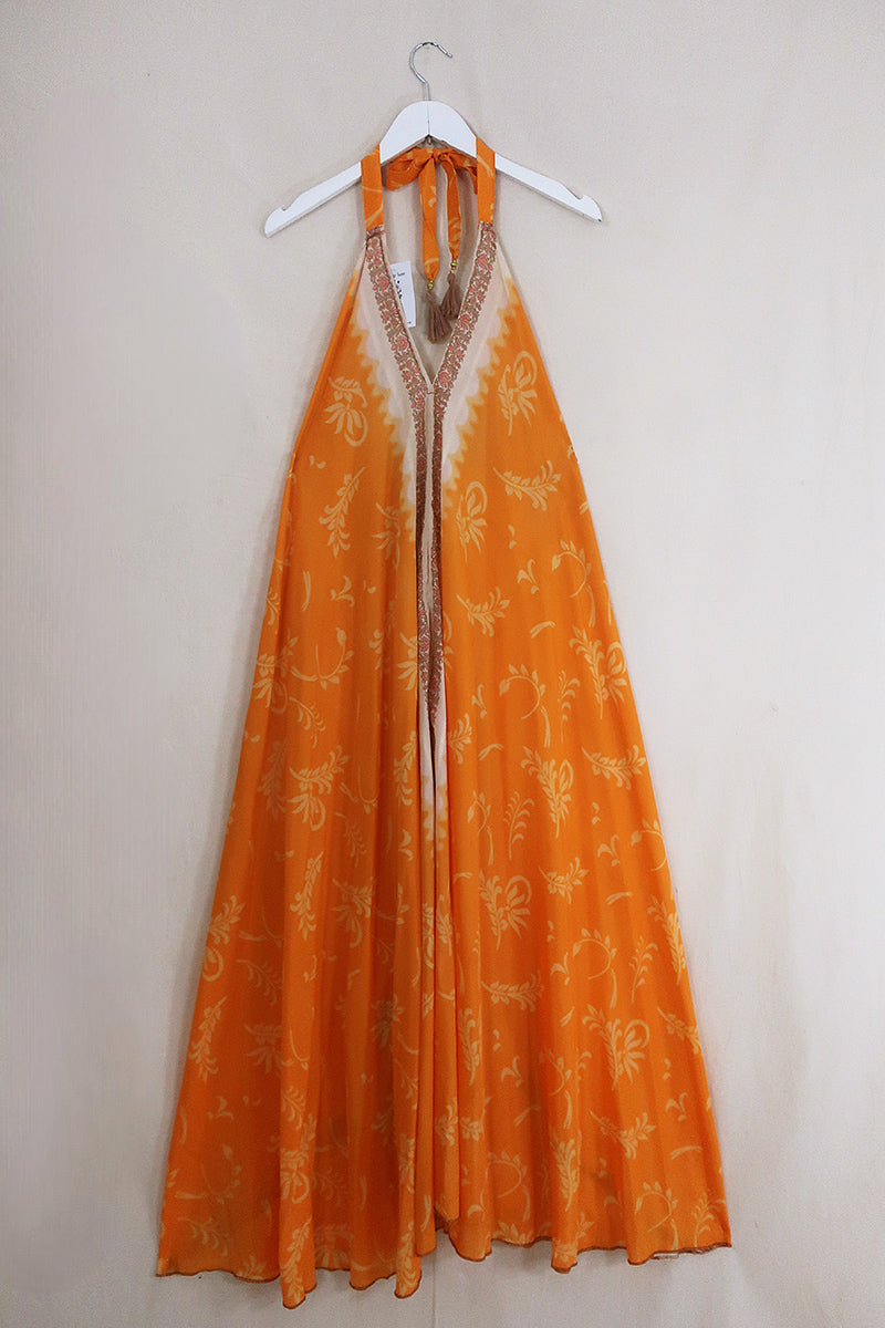 strapless open back dress Carla Ruiz 99426 Maxi Orange Print Dress – Rouge Boutique Inverness main image 1