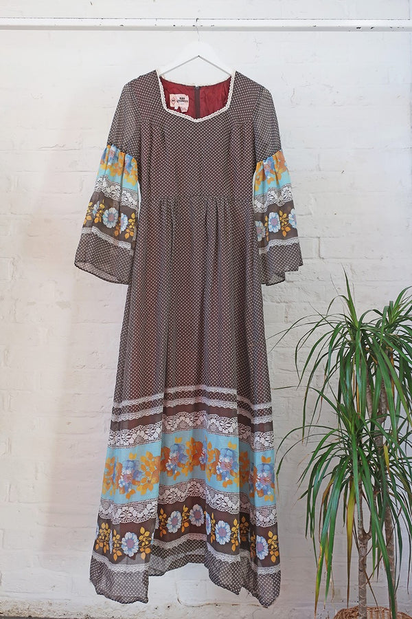 Vintage Maxi Dress - Ash Brown Polka Dots & Lace - Size XS/S by all about audrey